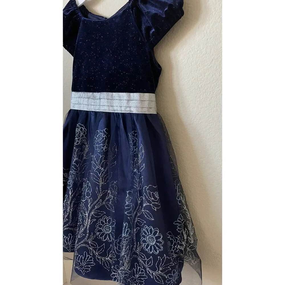 Jona Michelle Blue Silver Sparkle Cap Sleeve Pleated Lined Girls' Dress Size 7